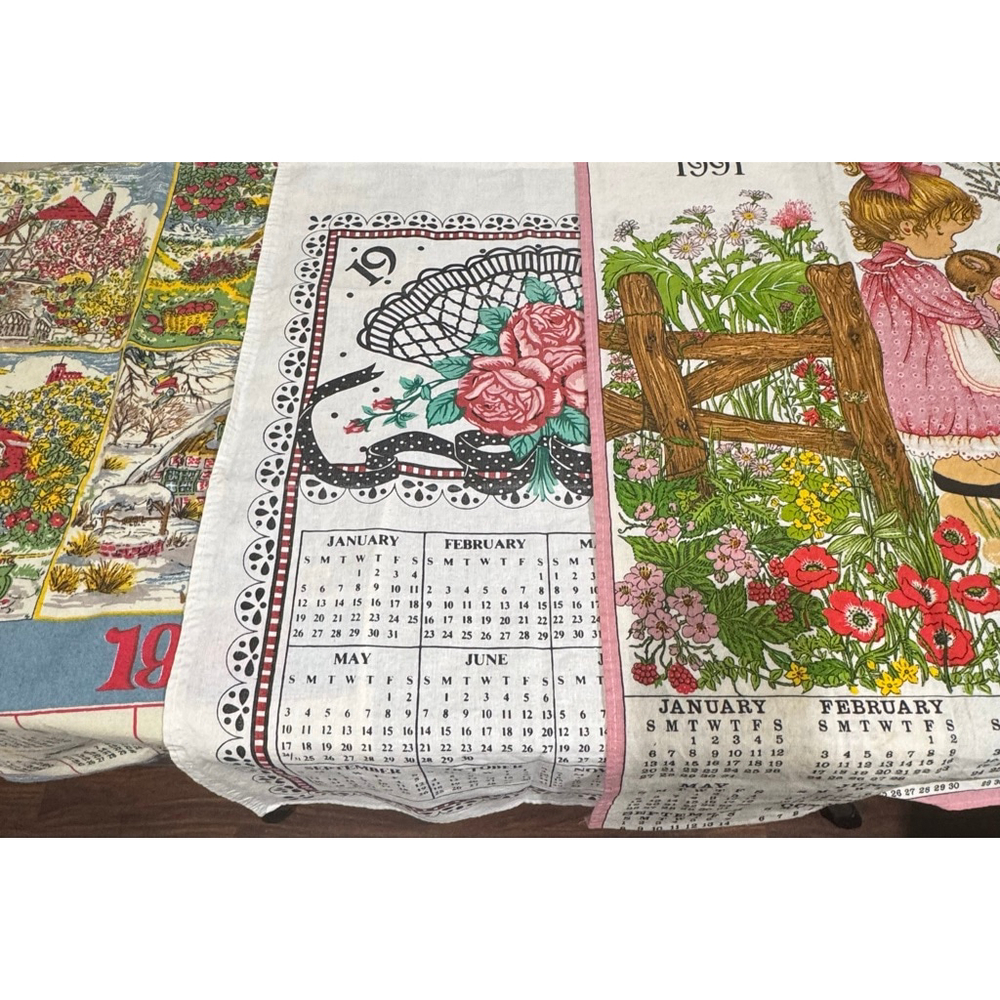 Vintage set of 3 Unbranded Calendar kitchen dish Towels 1988, 1991, 1992